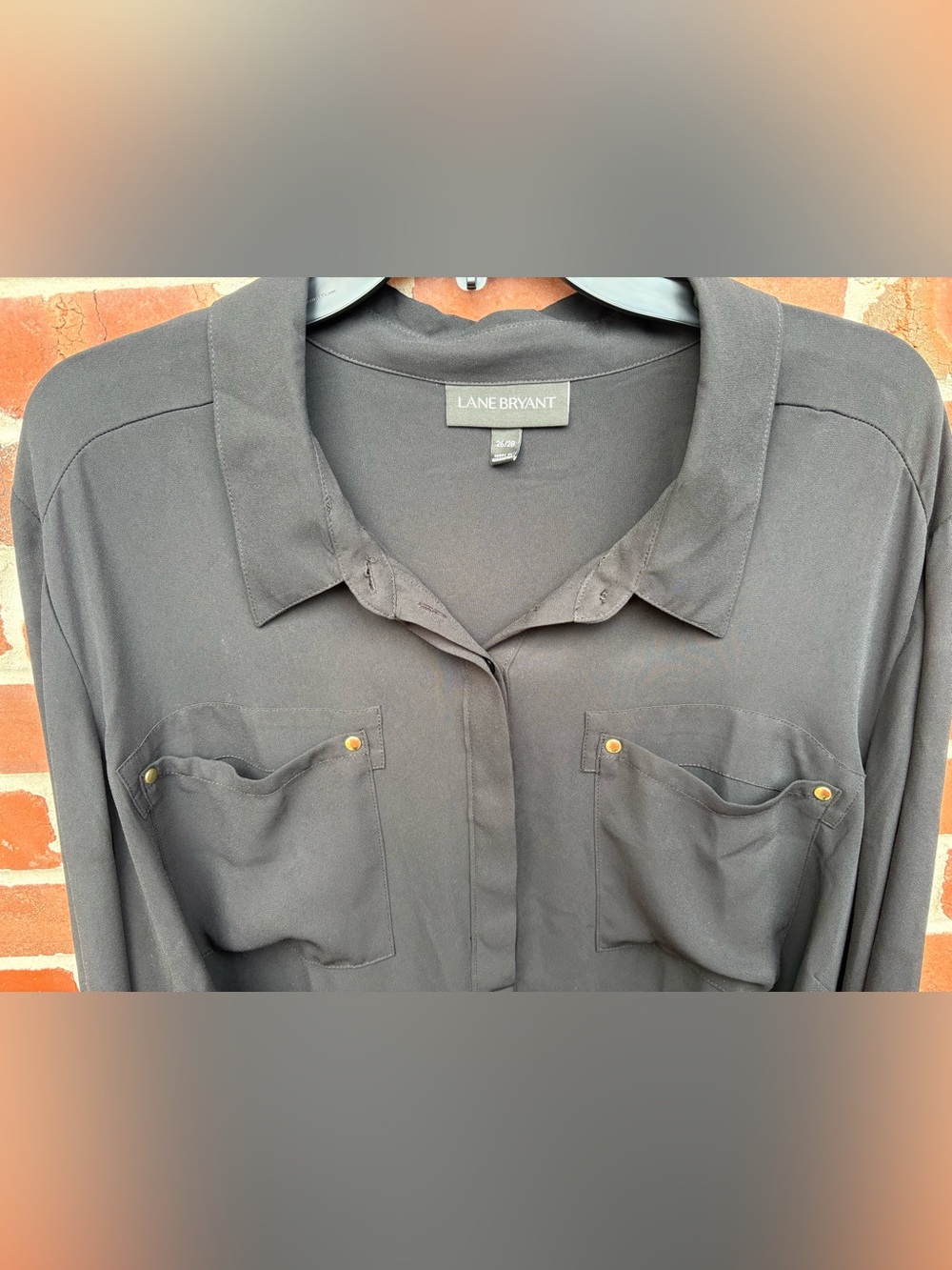 Lane Bryant Black Blouse with Gold Accents and Roll Back Tabs on Long Sleeves